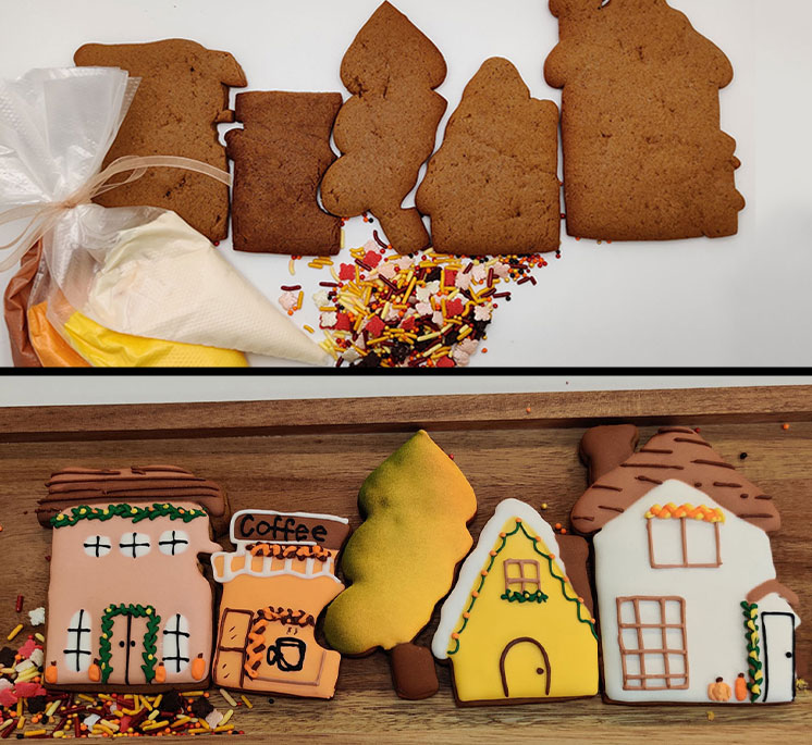 Gingerbread cookies decorated and with cookie kit with fall theme.